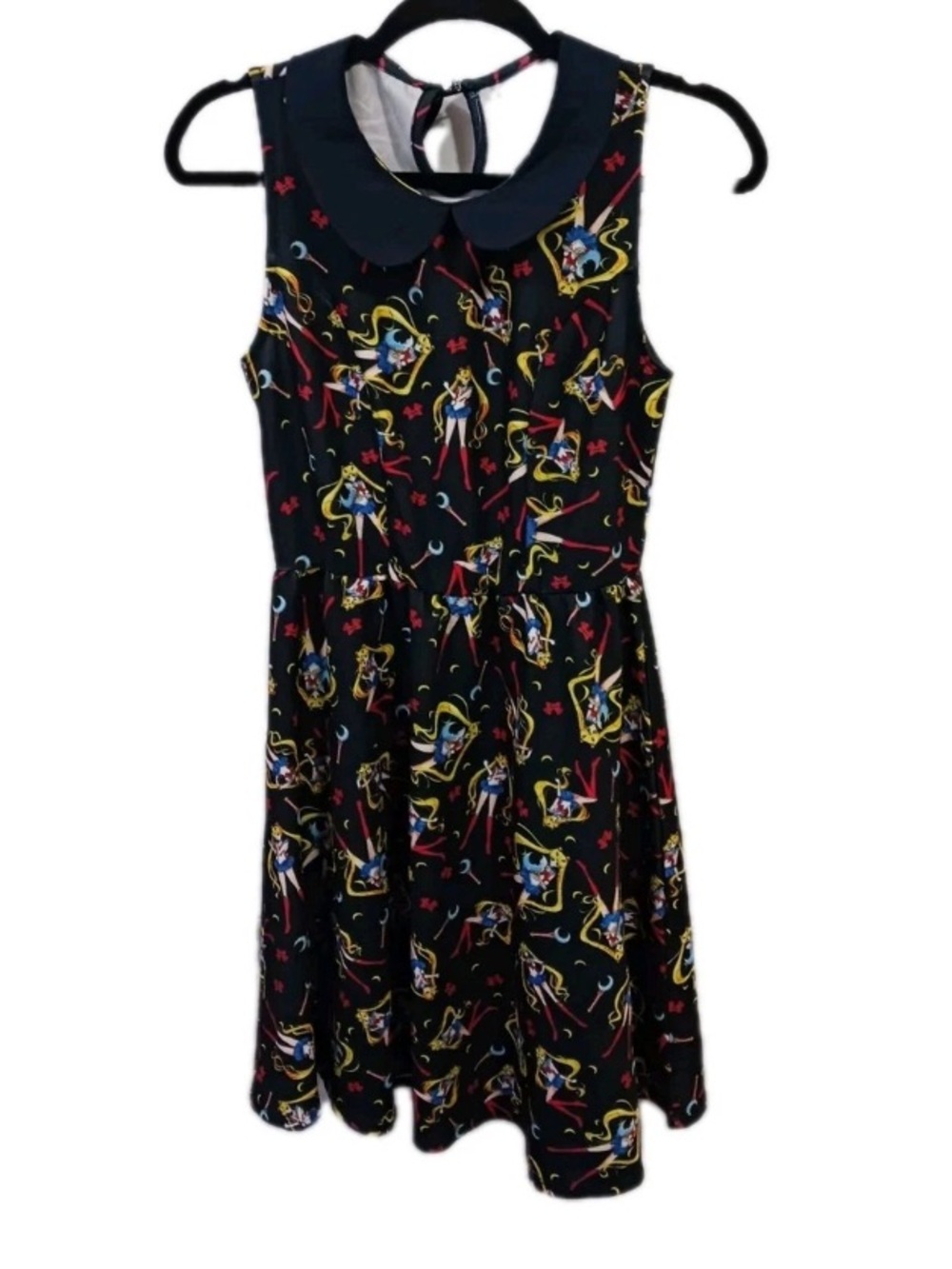 Sailor Moon Women Dress Blue Size Small Crystal Bow & Moon Stick Print Mini A